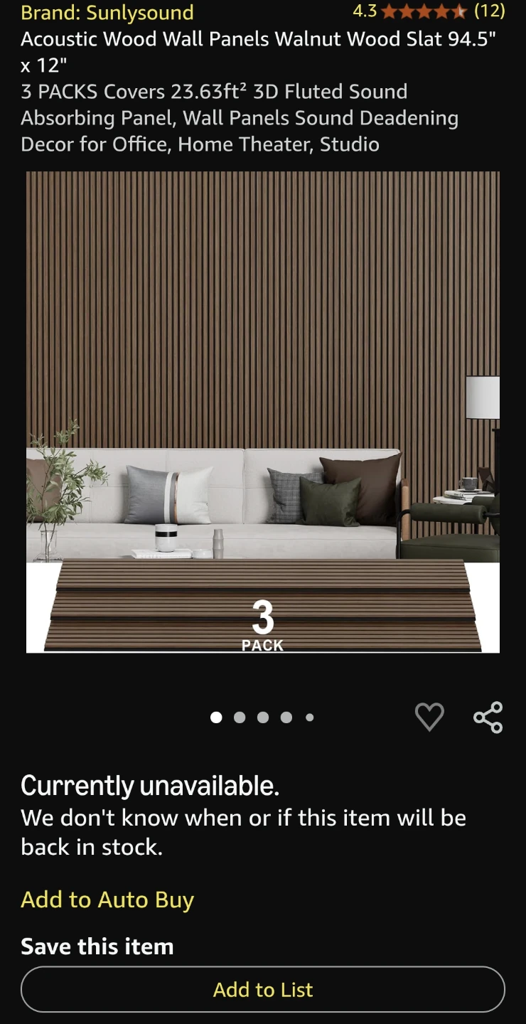 Sunlysound Black Wood Slat Acoustic Panels, 3 Pack