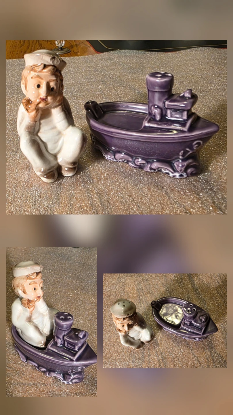Vintage Sailor & Tugboat Salt Pepper Shakers Original Stoppers