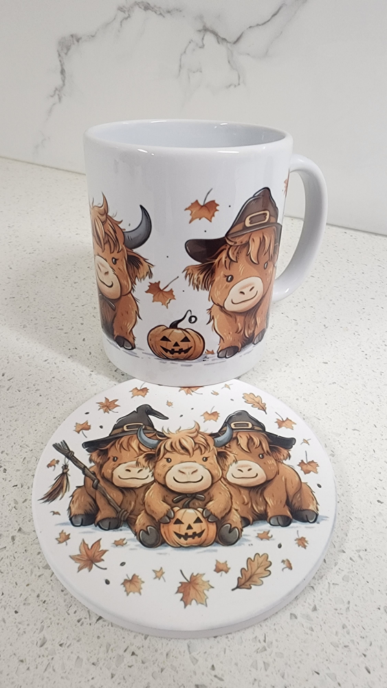 Halloween Highland Cow Mug and Coaster Set