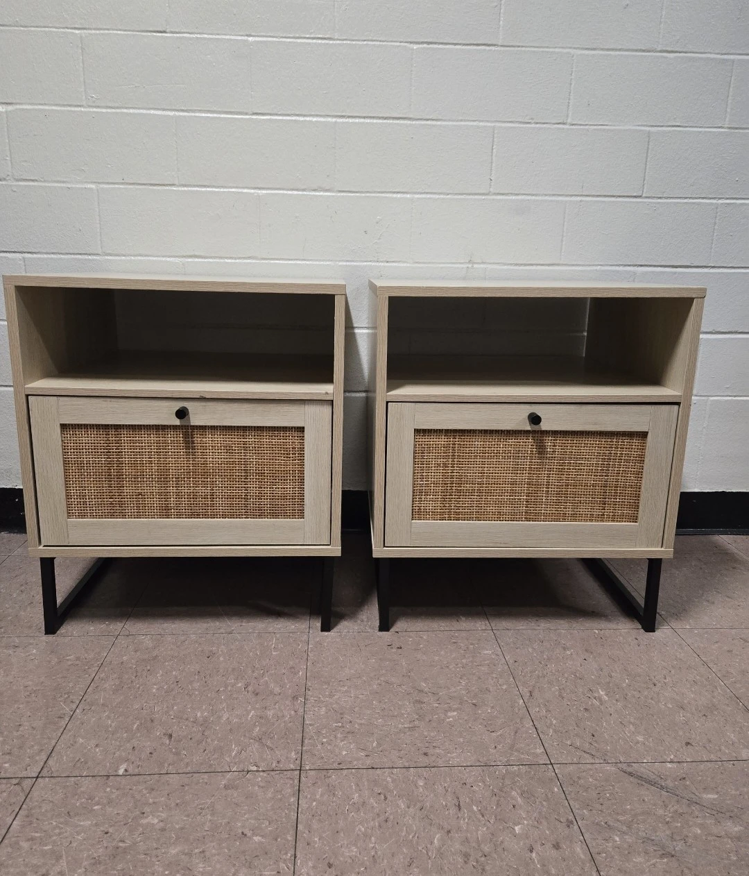 Set of 2 Nathan James Mina Oak & Woven Rattan Nightstands