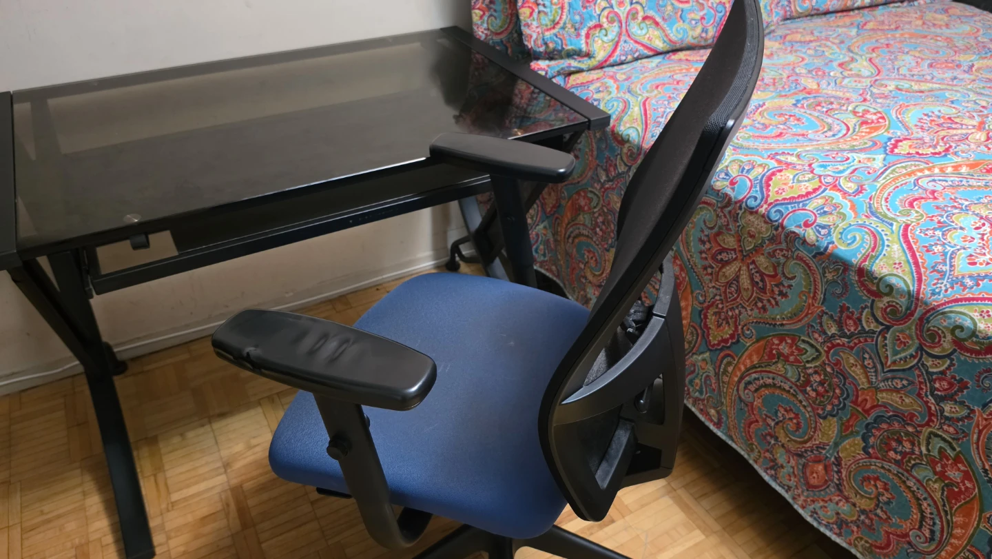 Glass Computer Desk and Blue Office Chair