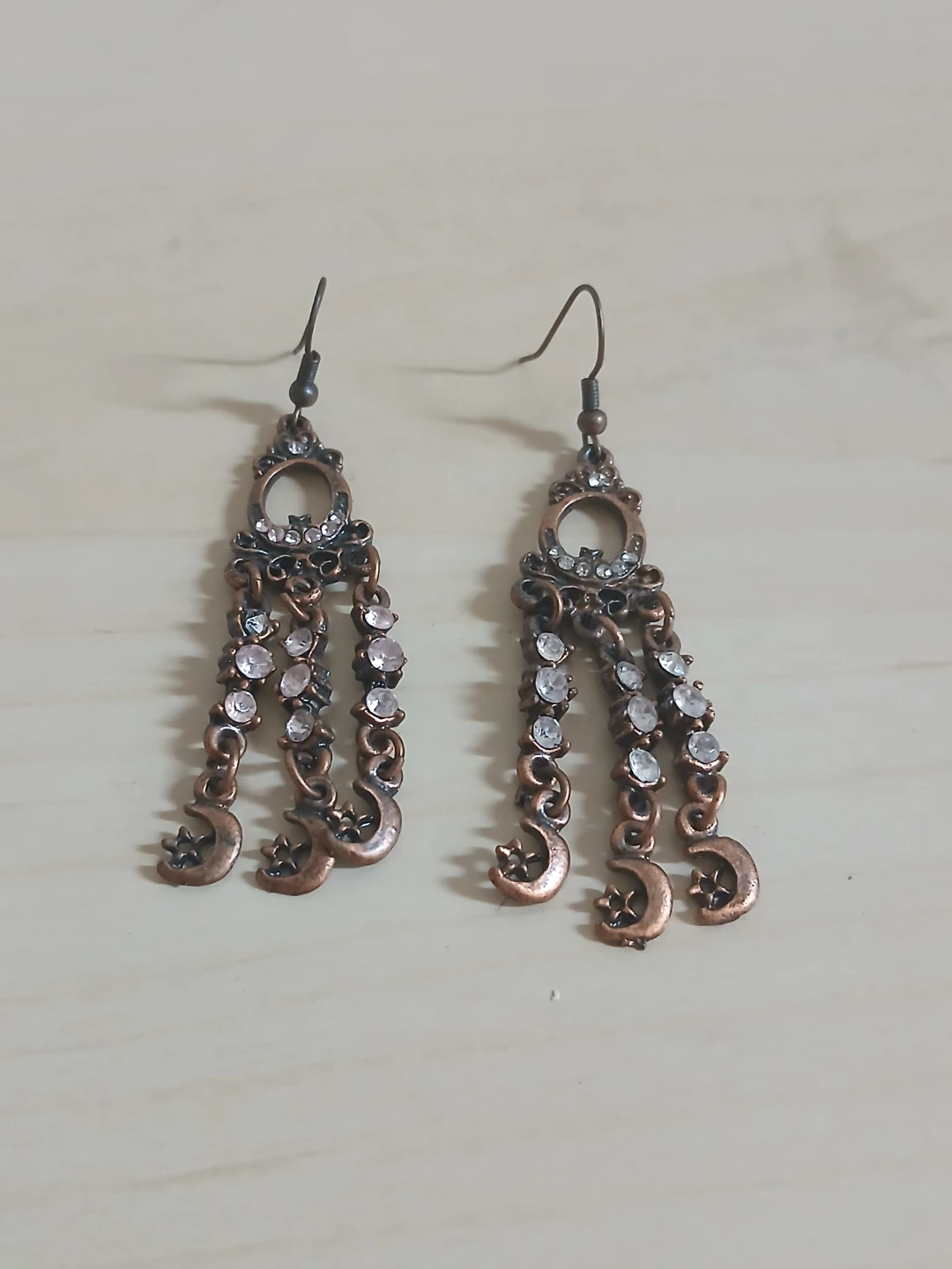 Copper Tone Moon and Star Crystal Dangle Earrings