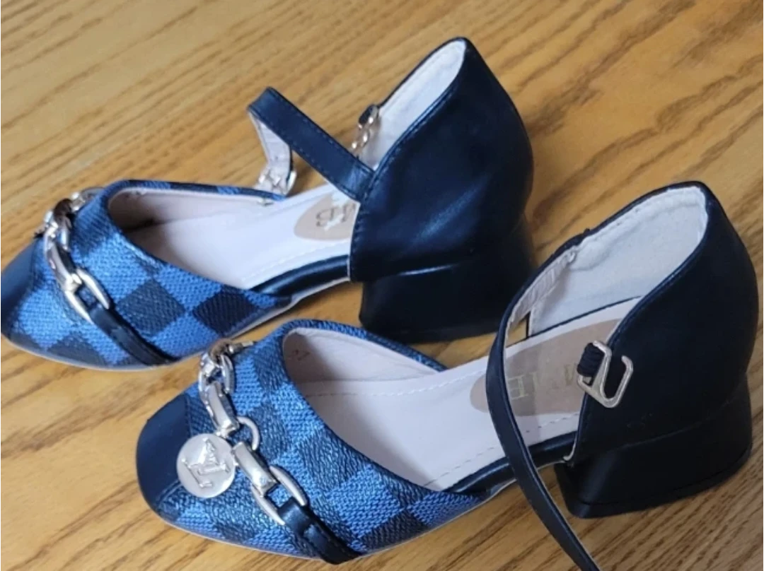 Blue Checked Chain Detail Block Heel Sandals - photo 2