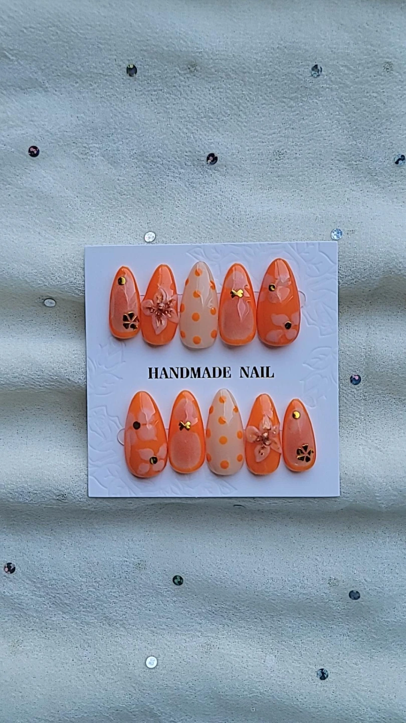 Handmade Orange Floral Press-on Nails - photo 2