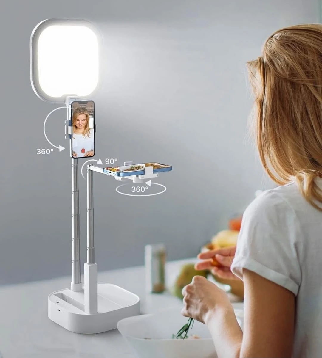 White Foldable Phone Stand with Ring Light