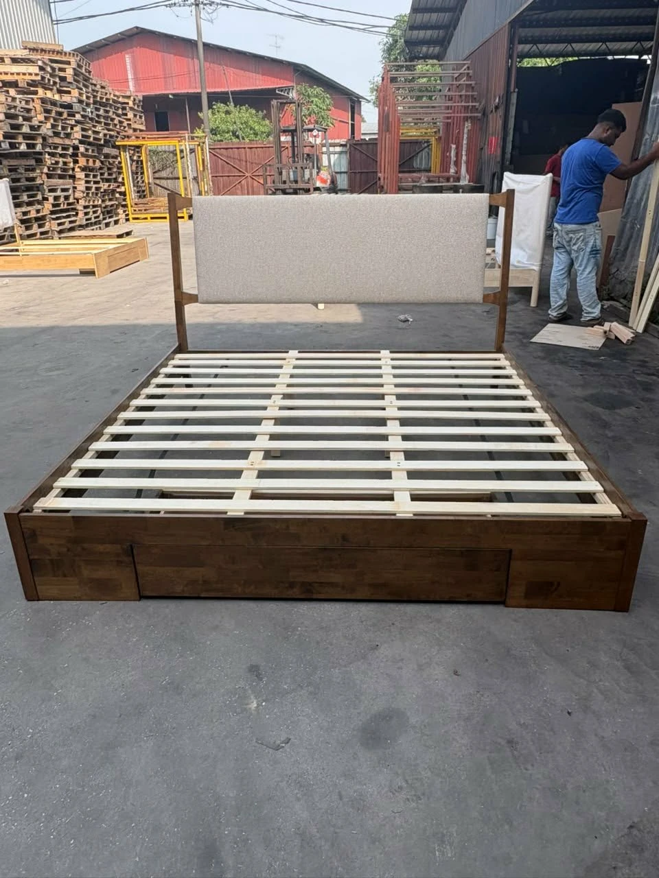Wooden Queen Bed Frame with Fabric Headboard