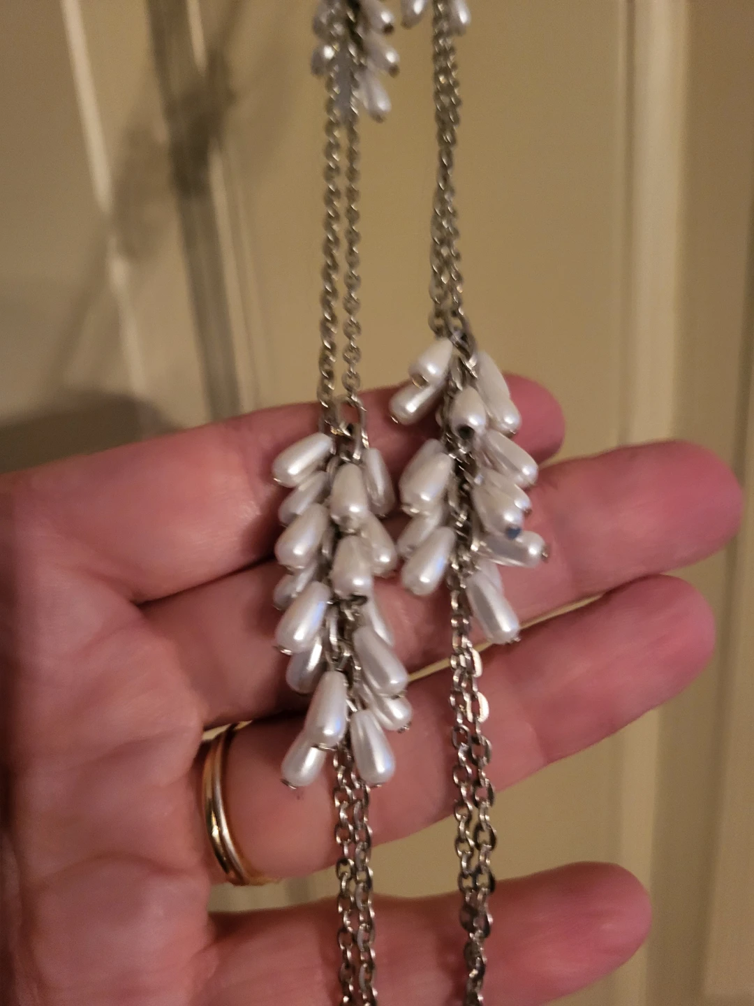 Long Silver Chain Necklace with Faux Pearl Clusters - photo 2