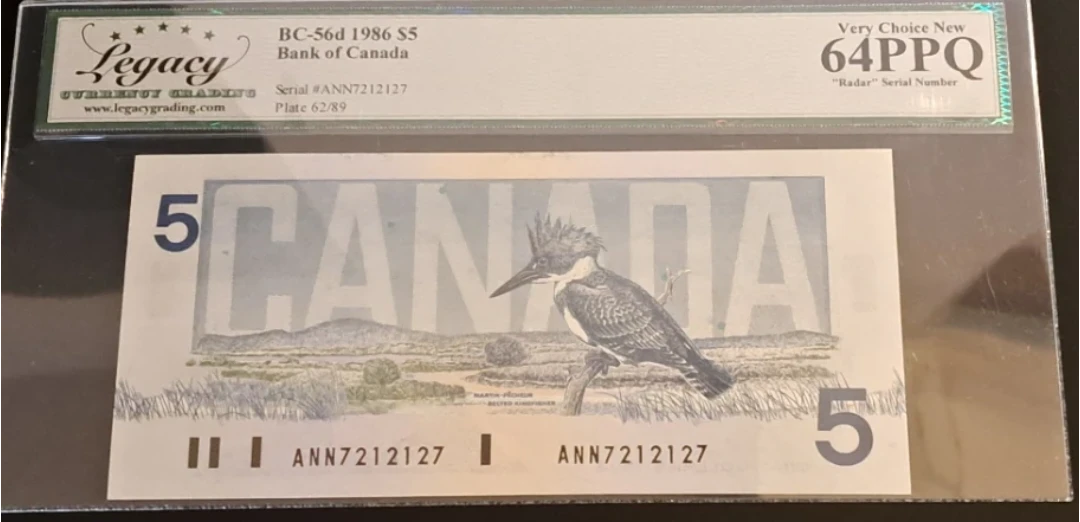 1986 Bank of Canada $5, 3-Digit Radar Note, Legacy Graded 64PPQ
