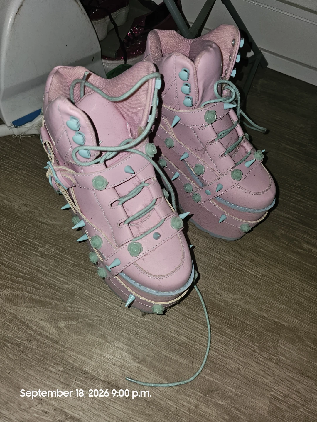 Pink Platform Boots with Spikes and Roses - photo 2