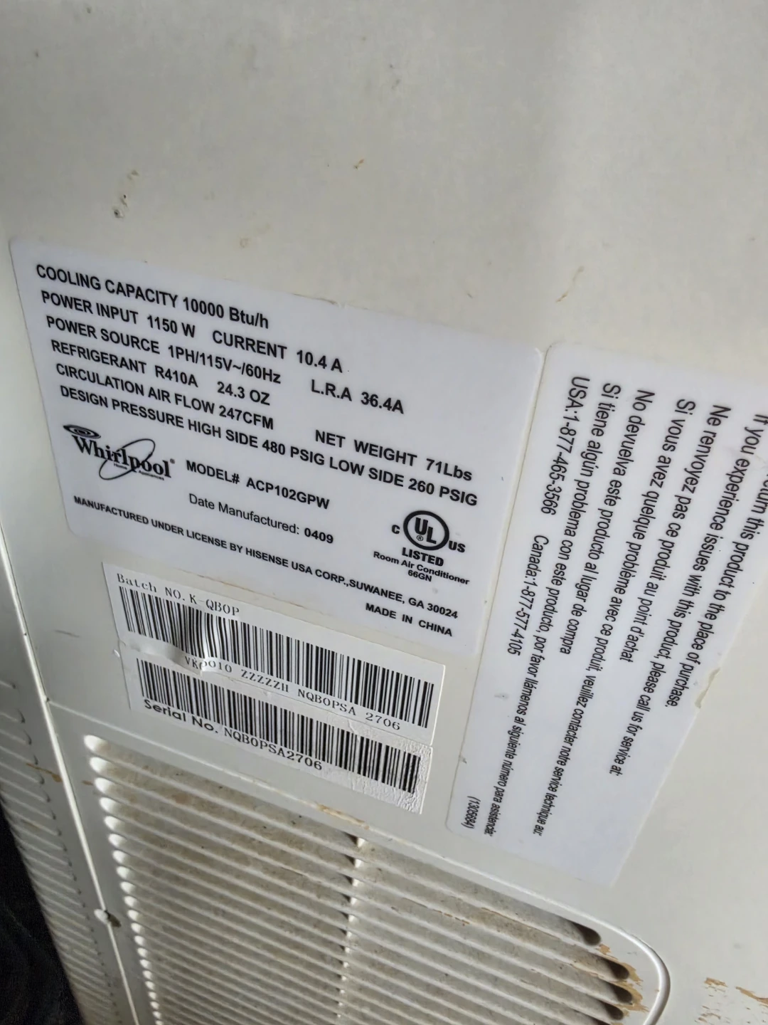 Whirlpool ACP102GPW 10,000 BTU Portable Air Conditioner - photo 3