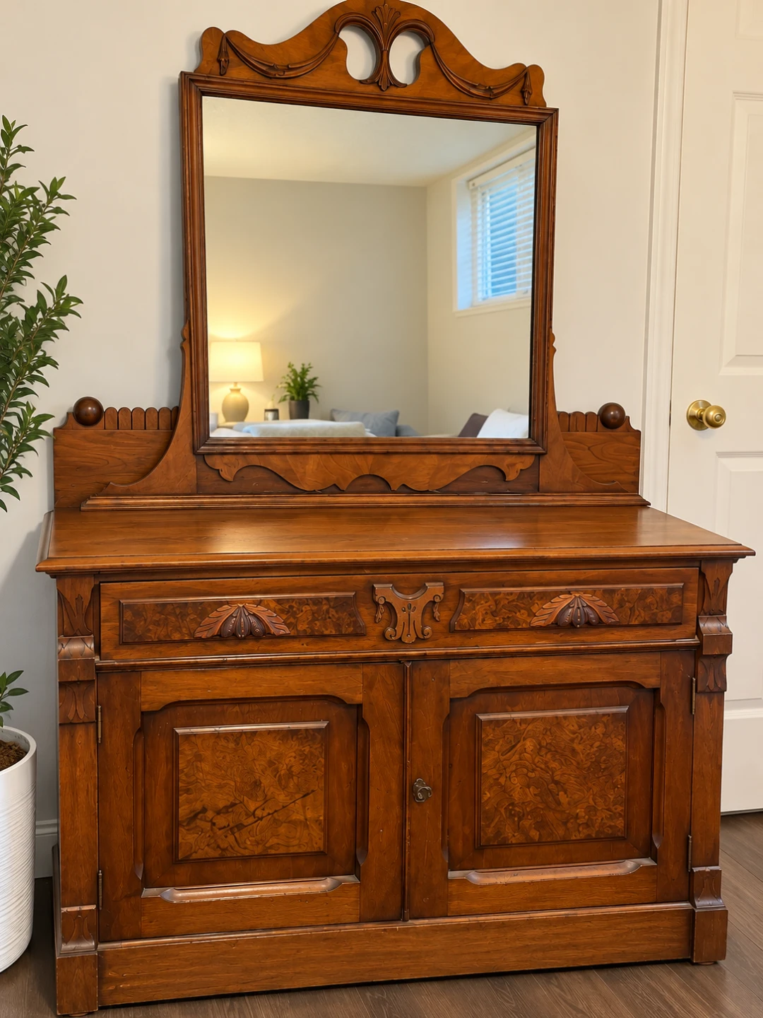 Vintage Antique Wooden Sideboard with Mirror