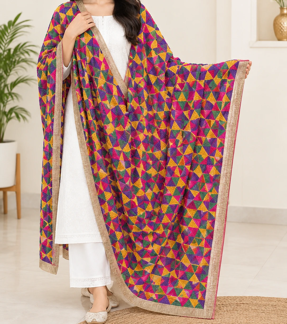 Embroidered Multicolour Phulkari Dupatta