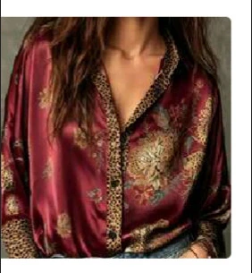 Burgundy Floral Satin Shirt with Leopard Print Trim