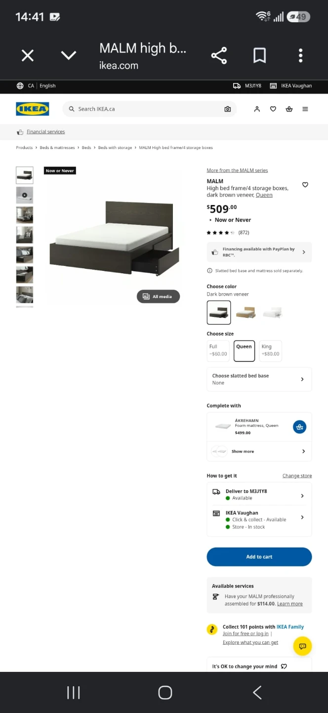 IKEA MALM Queen Bed Frame + 4 Storage Drawers (Black)