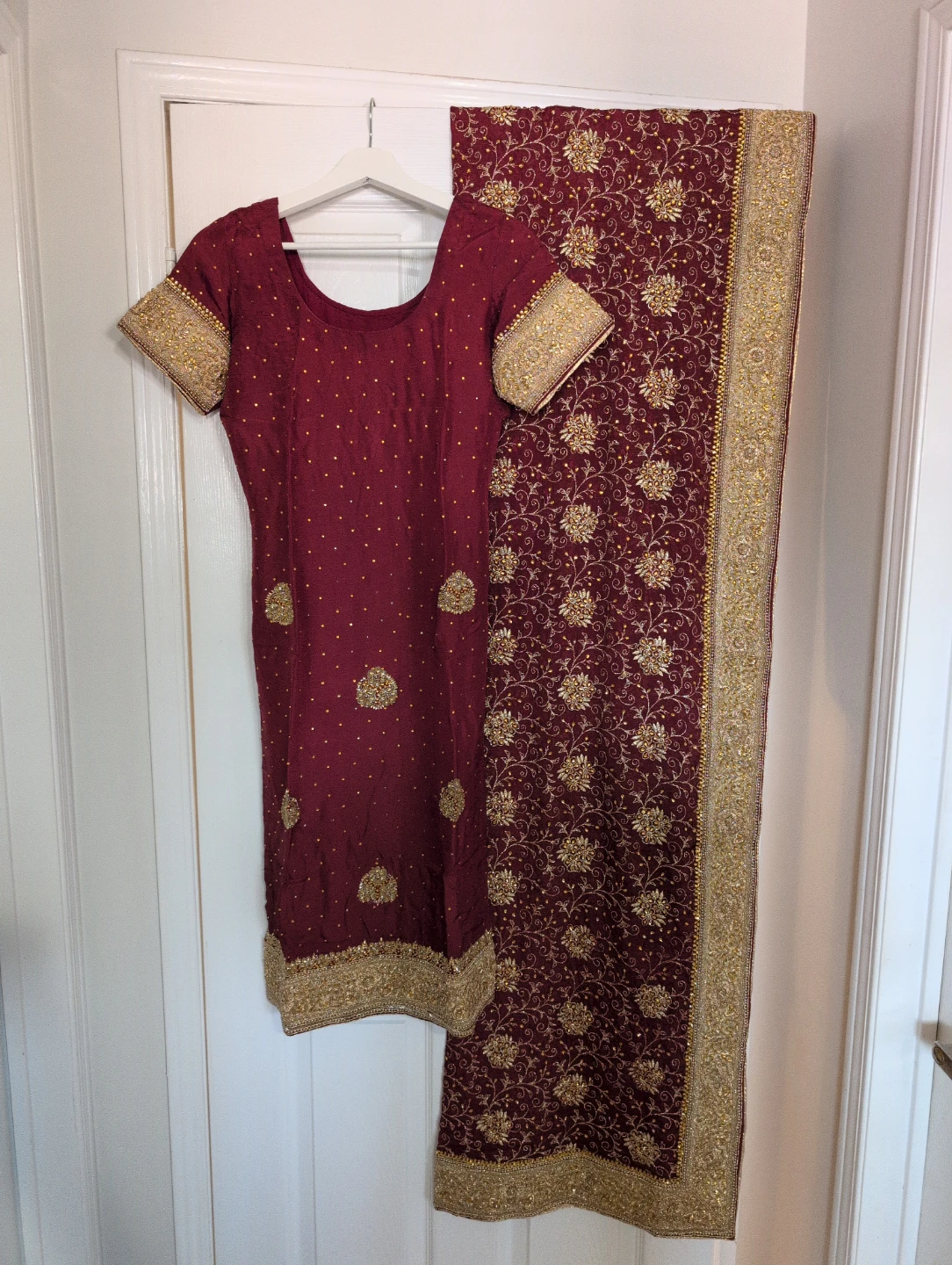 Maroon and Gold Embroidered Punjabi Suit