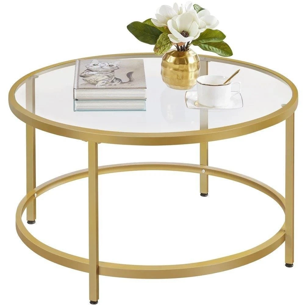 Round Glass Coffee Table with Gold Metal Frame - photo 2