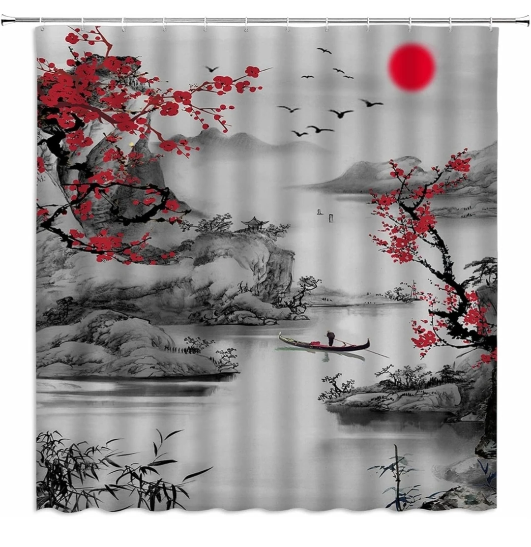 Japanese Cherry Blossom Landscape Shower Curtain with Hooks - photo 3
