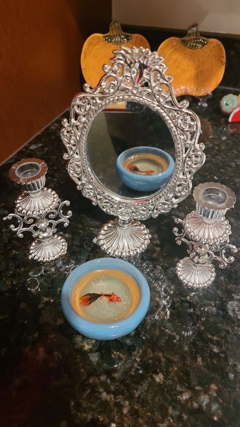 Vintage Style Silver Table Mirror and Candle Holders + fish bowl