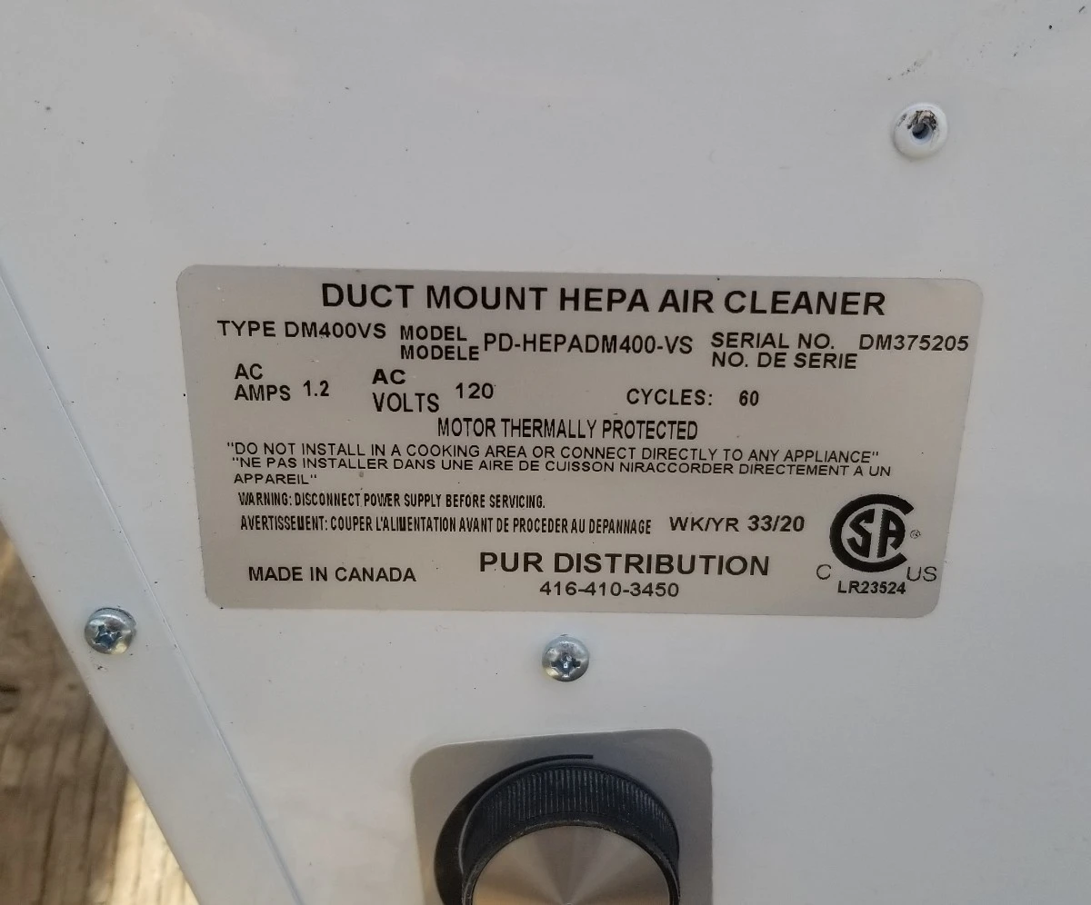 PUR Distribution Duct Mount HEPA Air Cleaner DM400VS