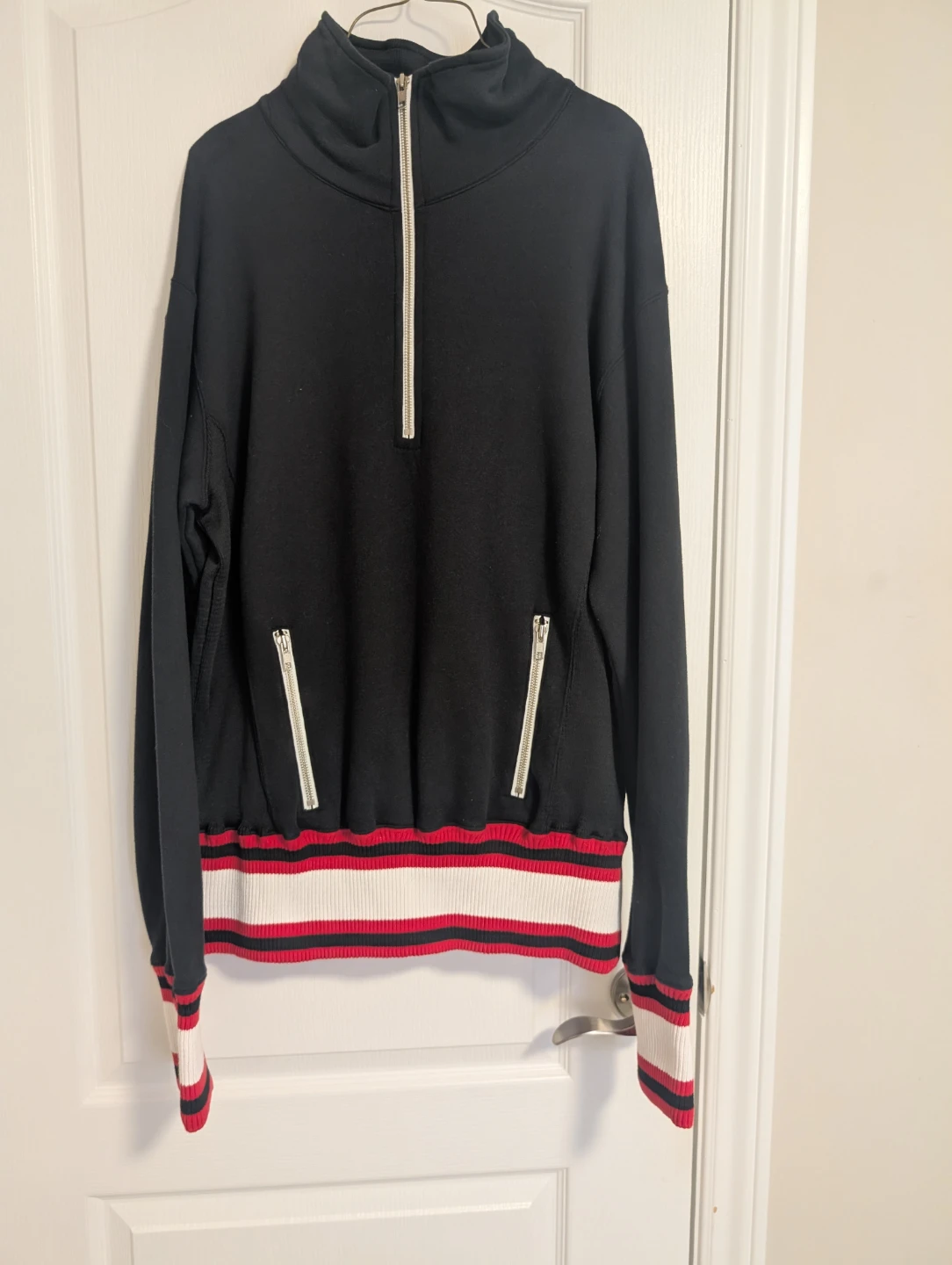 Black Quarter Zip Sweatshirt with Striped Cuffs - photo 2
