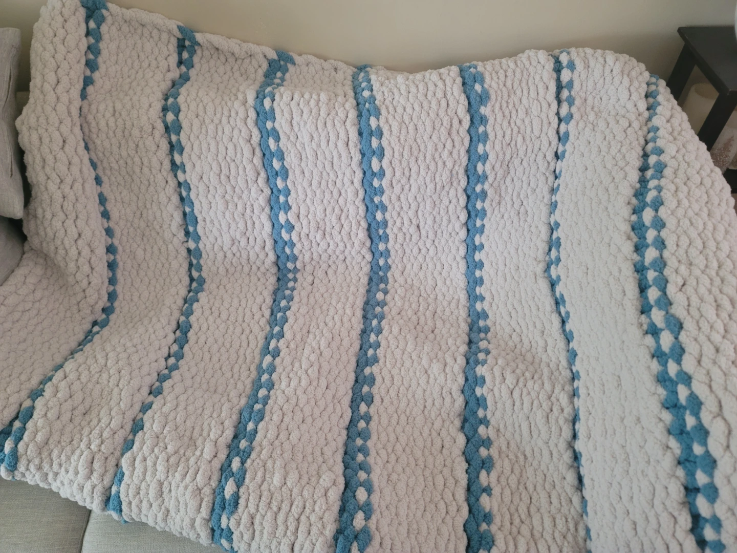 Handcrafted Chunky Crochet Blanket - Off-White & Blue 55" × 55"
