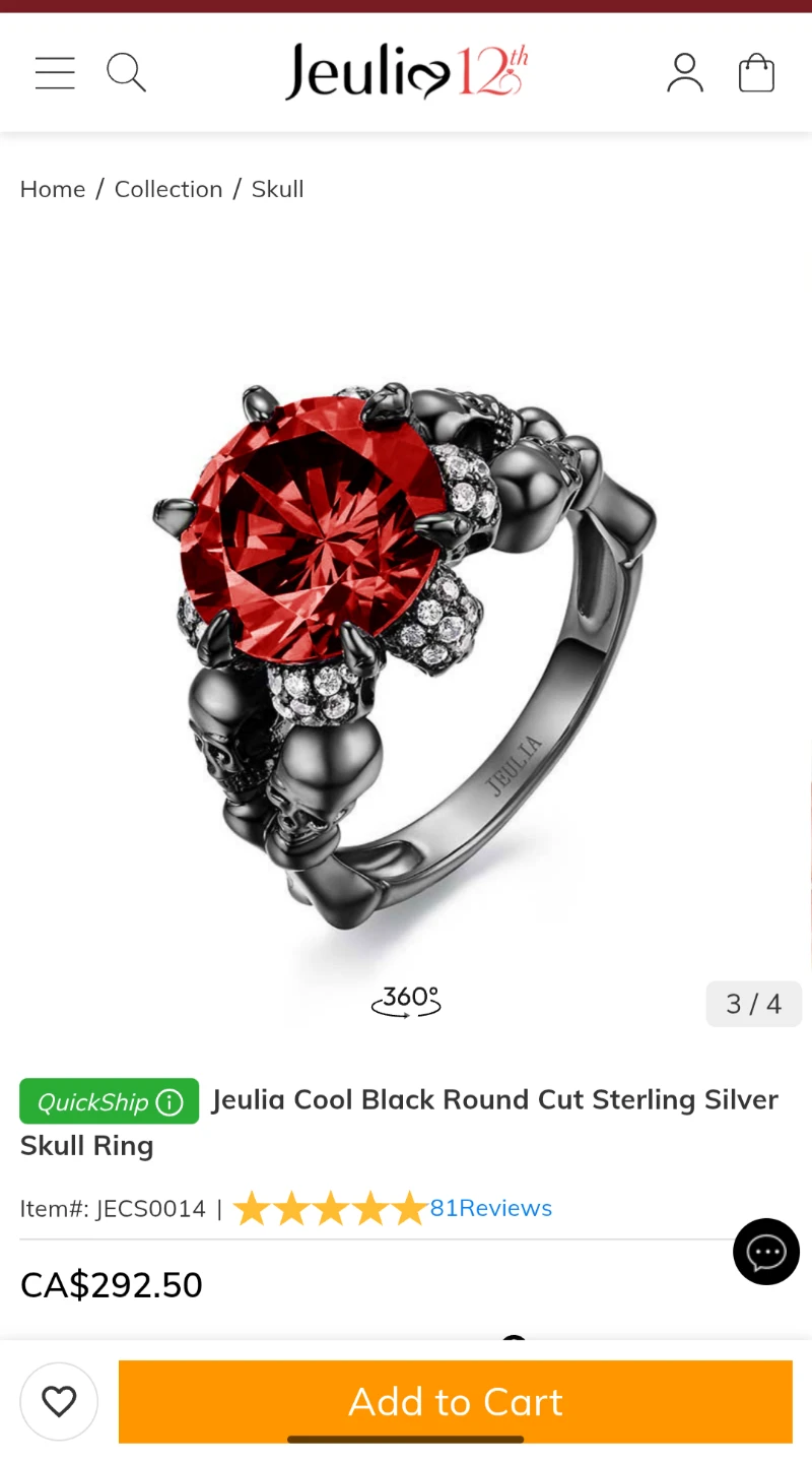 Jeulia Black Sterling Silver Skull Ring