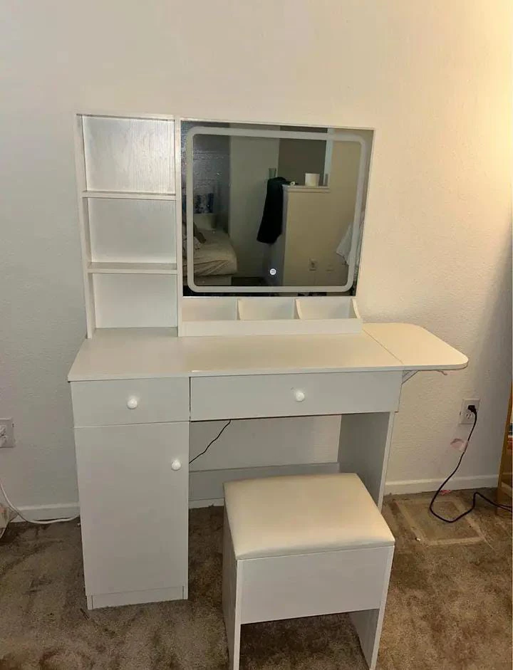White Vanity Table with LED Mirror and Stool