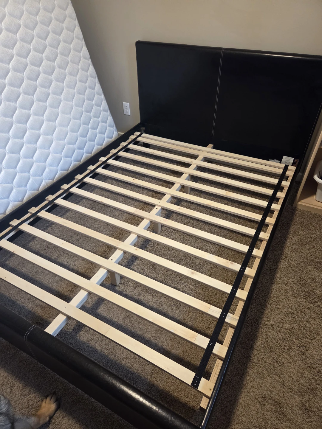 Black leather double bed frame