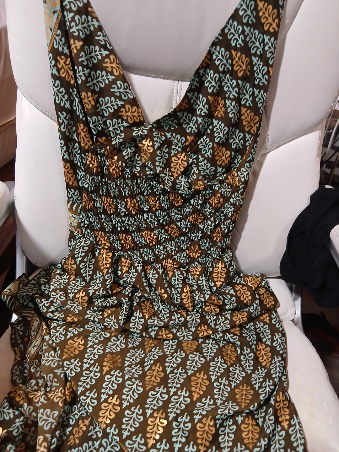 Brown Patterned Smocked Maxi Dress