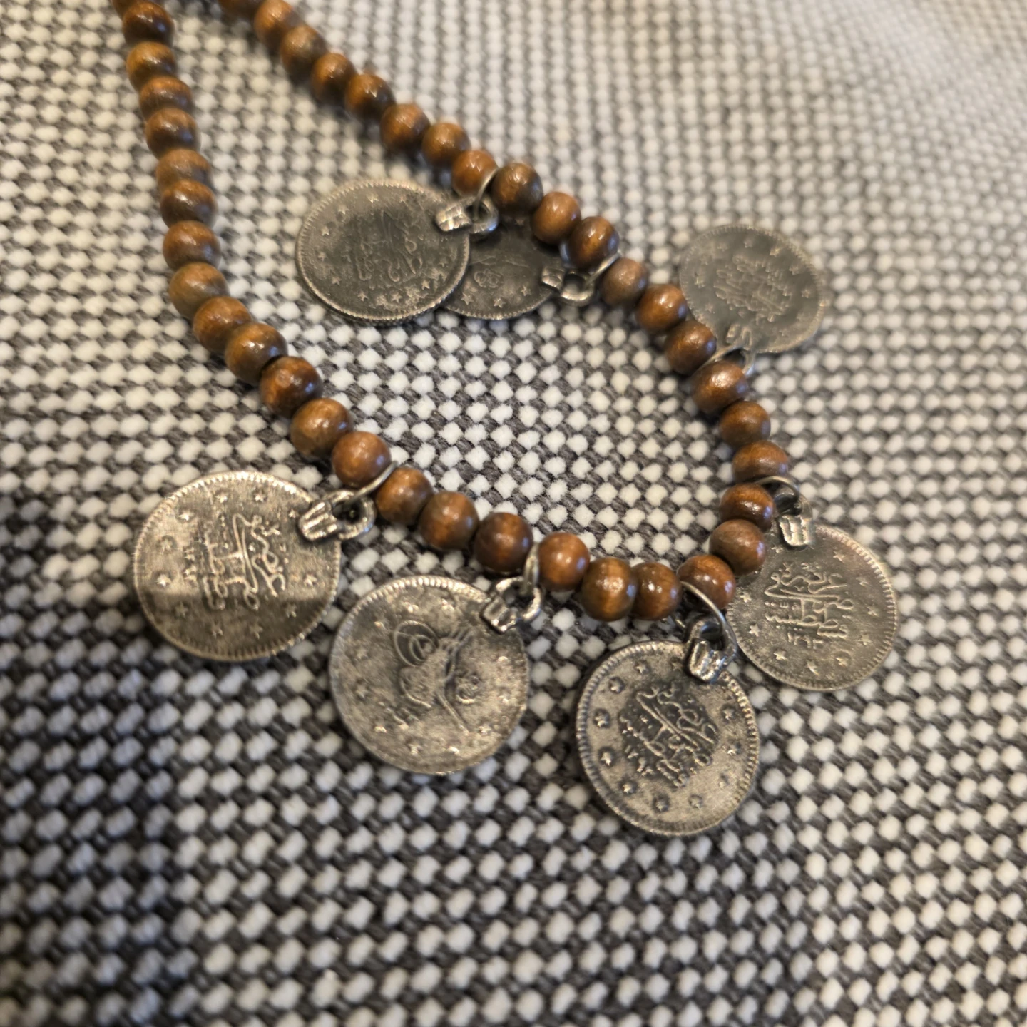 Vintage Wooden Beaded Necklace with Coin Charms - photo 4