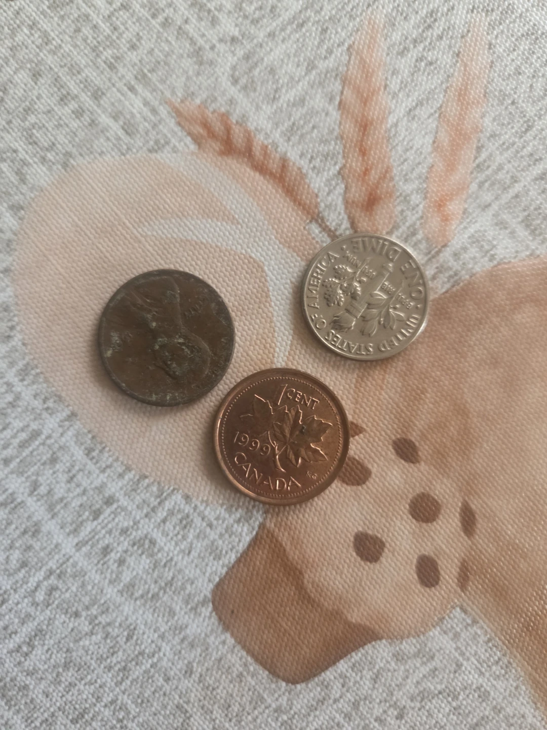 Assorted Coins: 1999 Canadian Cent and US Currency