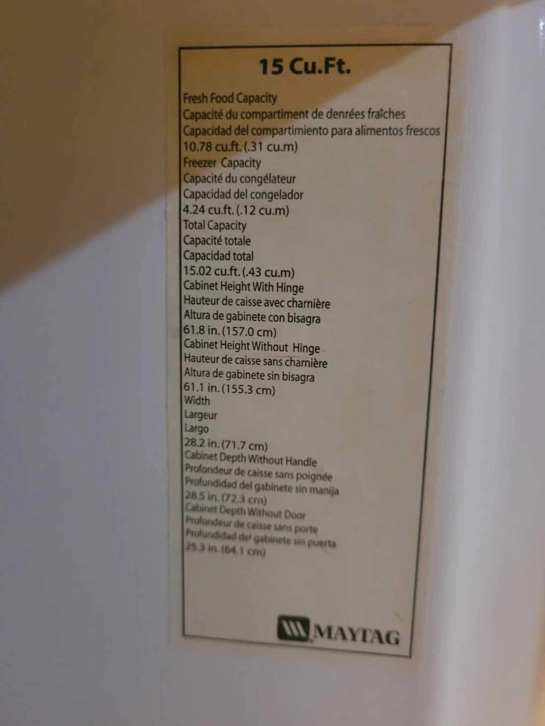 Maytag 15 Cu.Ft. Refrigerator MTN1502AEW - photo 4