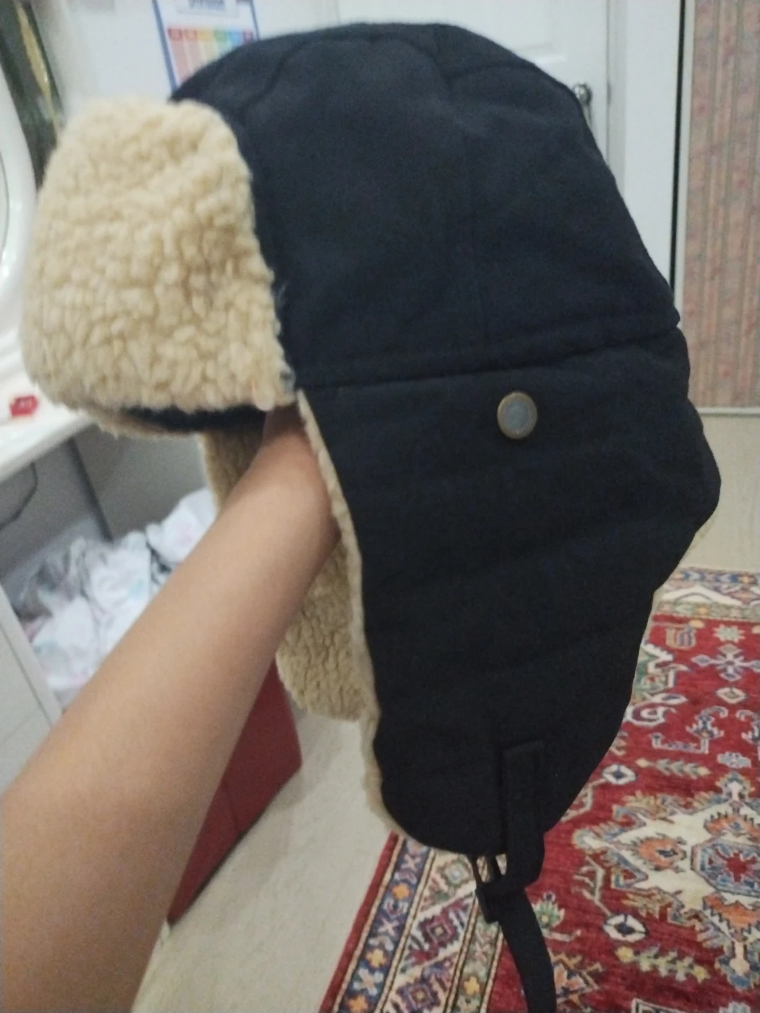 Black Trapper Hat with Faux Fur Lining