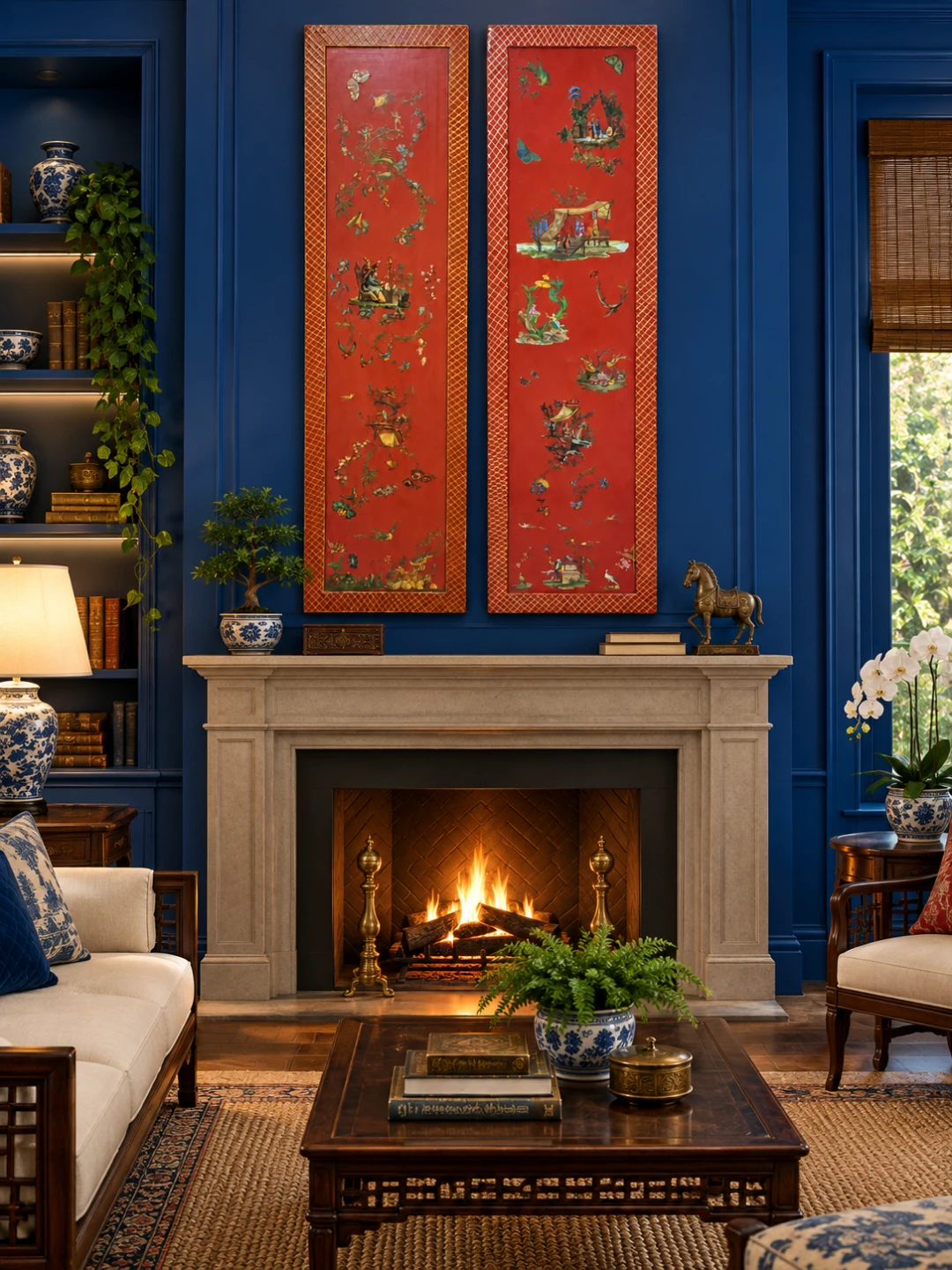 Pair of Vintage Tall Chinese Red and Gold Wall Panels