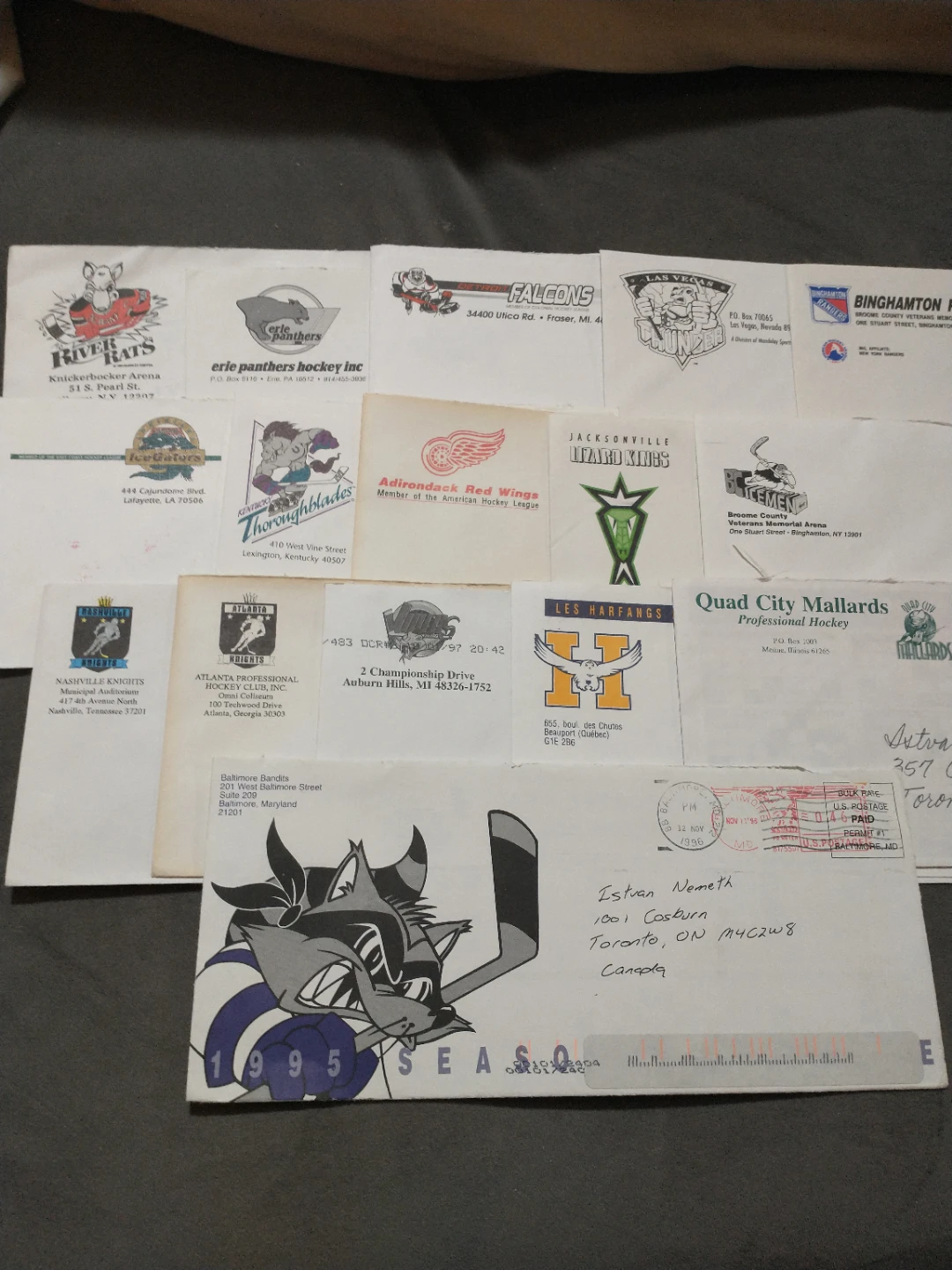 Nearly 500 envelopes from defunct hockey teams and leagues