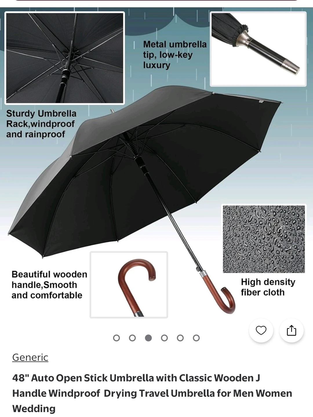 48" Auto Open Stick Umbrella with Wooden Handle - photo 5