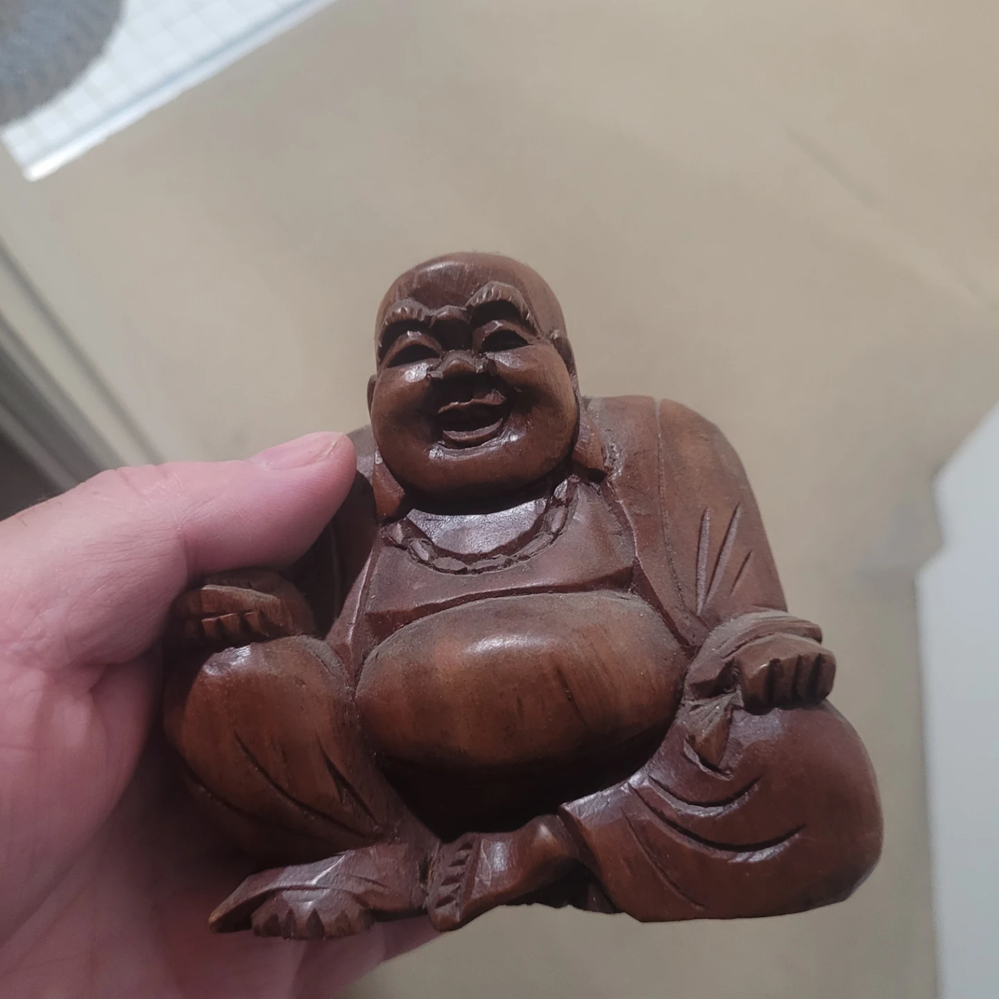 Small Hand-Carved Wooden Laughing Buddha Statue