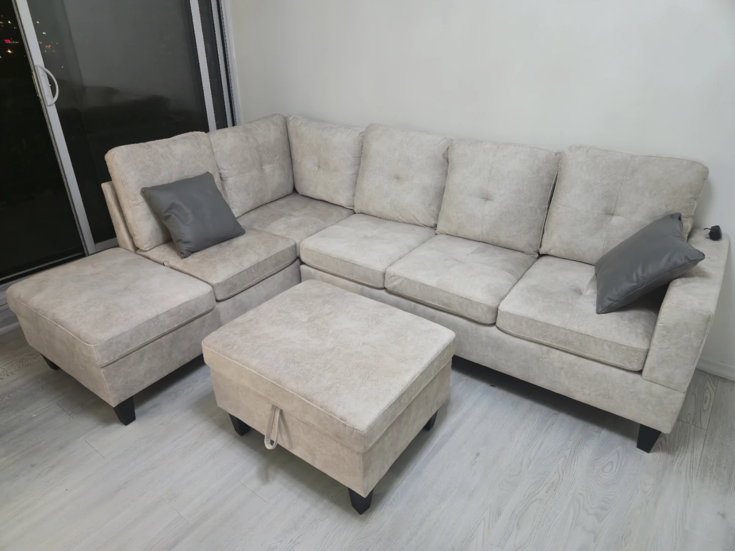 Beige Sectional Sofa with Storage Ottoman