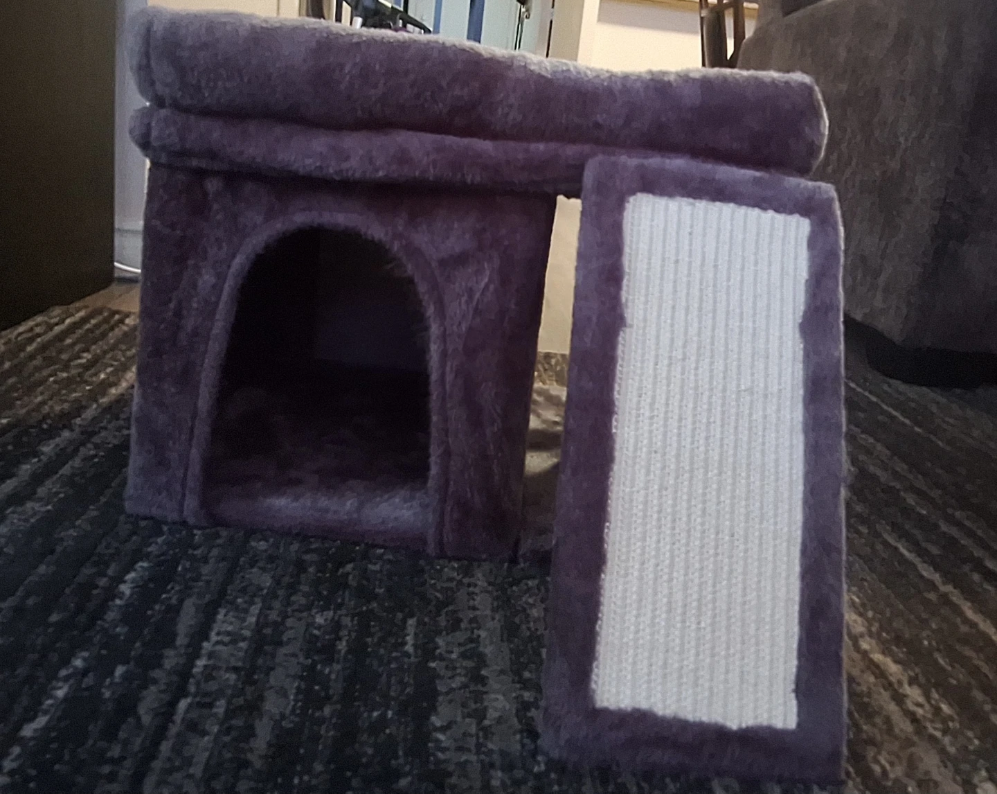 Dark Grey Plush Cat Condo with Scratching Post