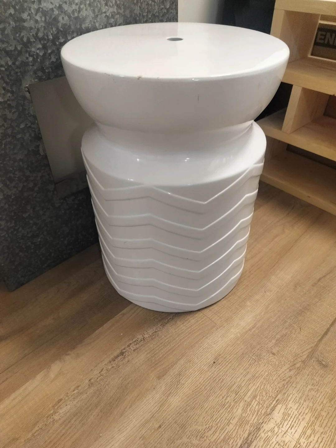 2 White Ceramic Chevron Garden Stool