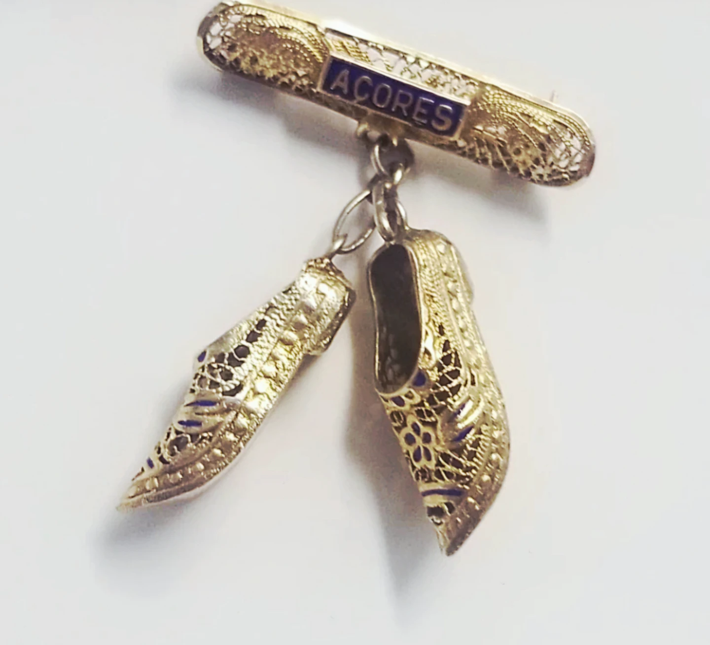 Vintage Portuguese Filigree Dress Shoe Brooch | Gold & Blue - photo 3