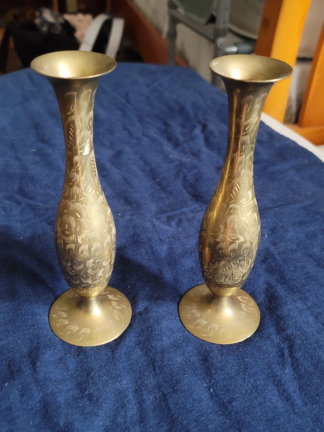 Set of Two Etched Brass Bud Vases
