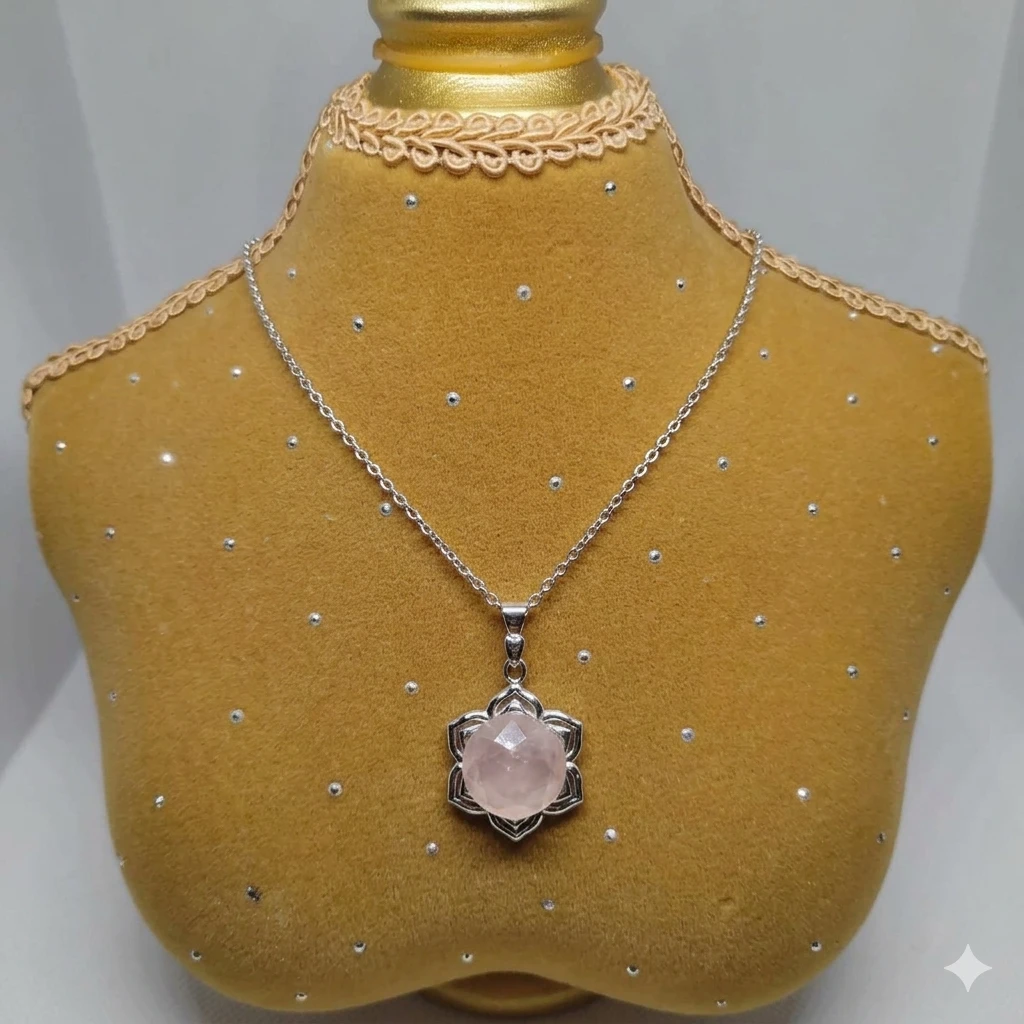 Rose Quartz Silver Flower Pendant Necklace in Stainless Steel