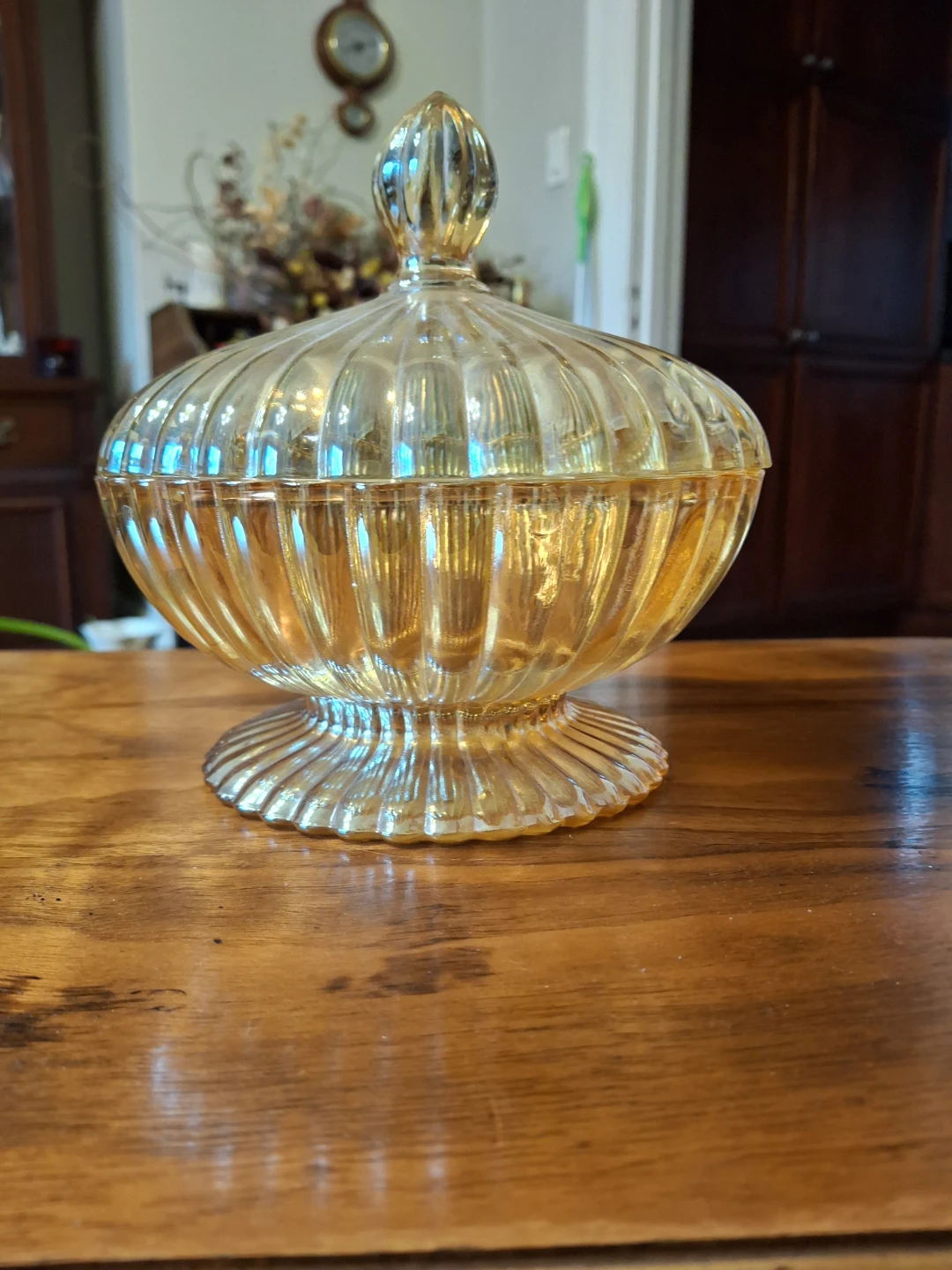 Amber Ribbed Glass Covered Candy Dish