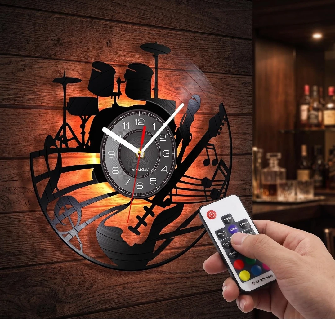 Music-Themed Vinyl Wall Clock with LED Lighting