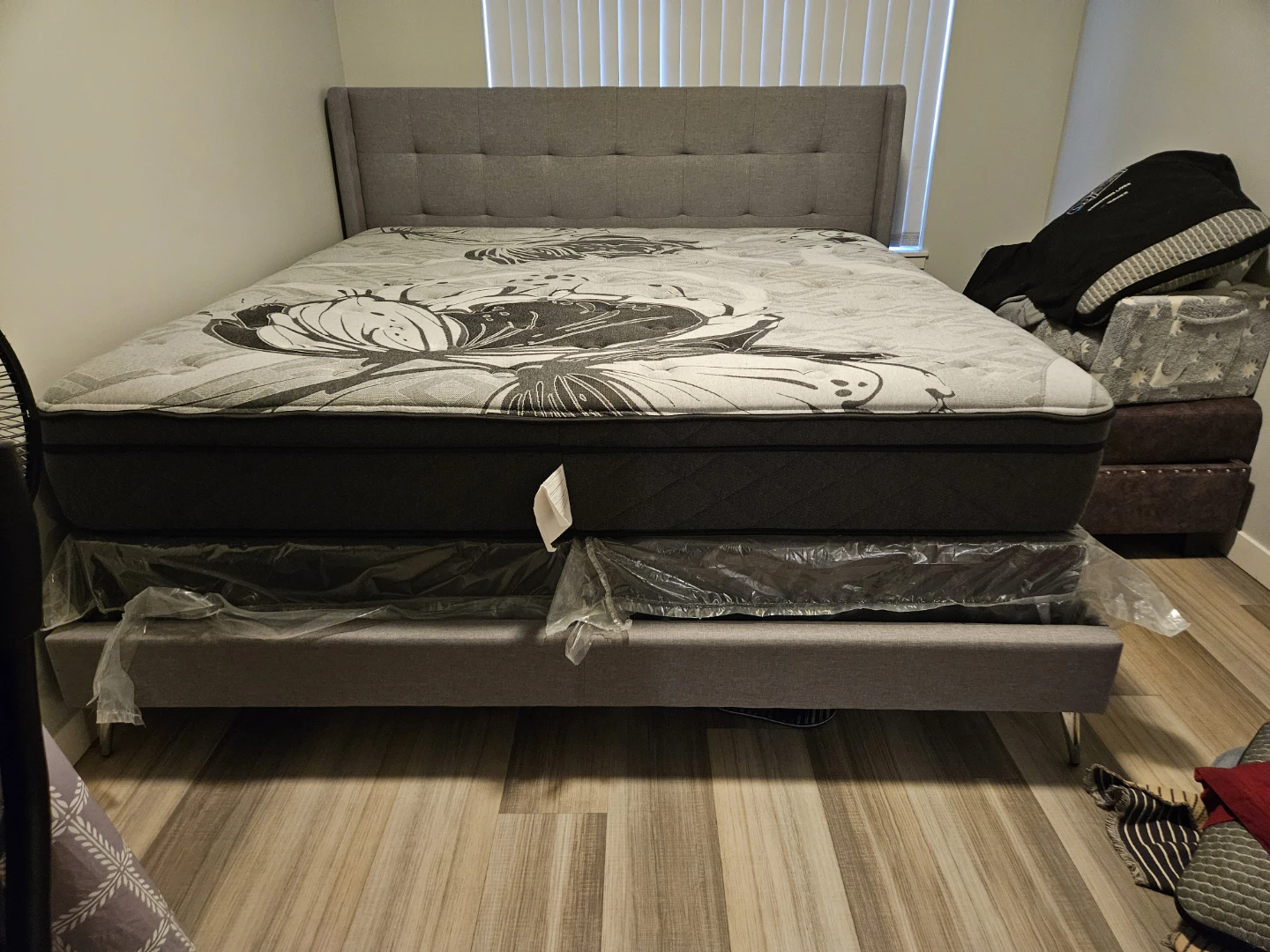 Grey Upholstered King Bed Frame and Mattress and Spring box