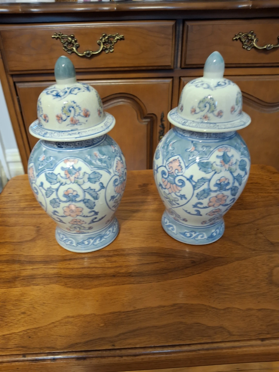 Set of Two Blue and Pink Porcelain Ginger Jars