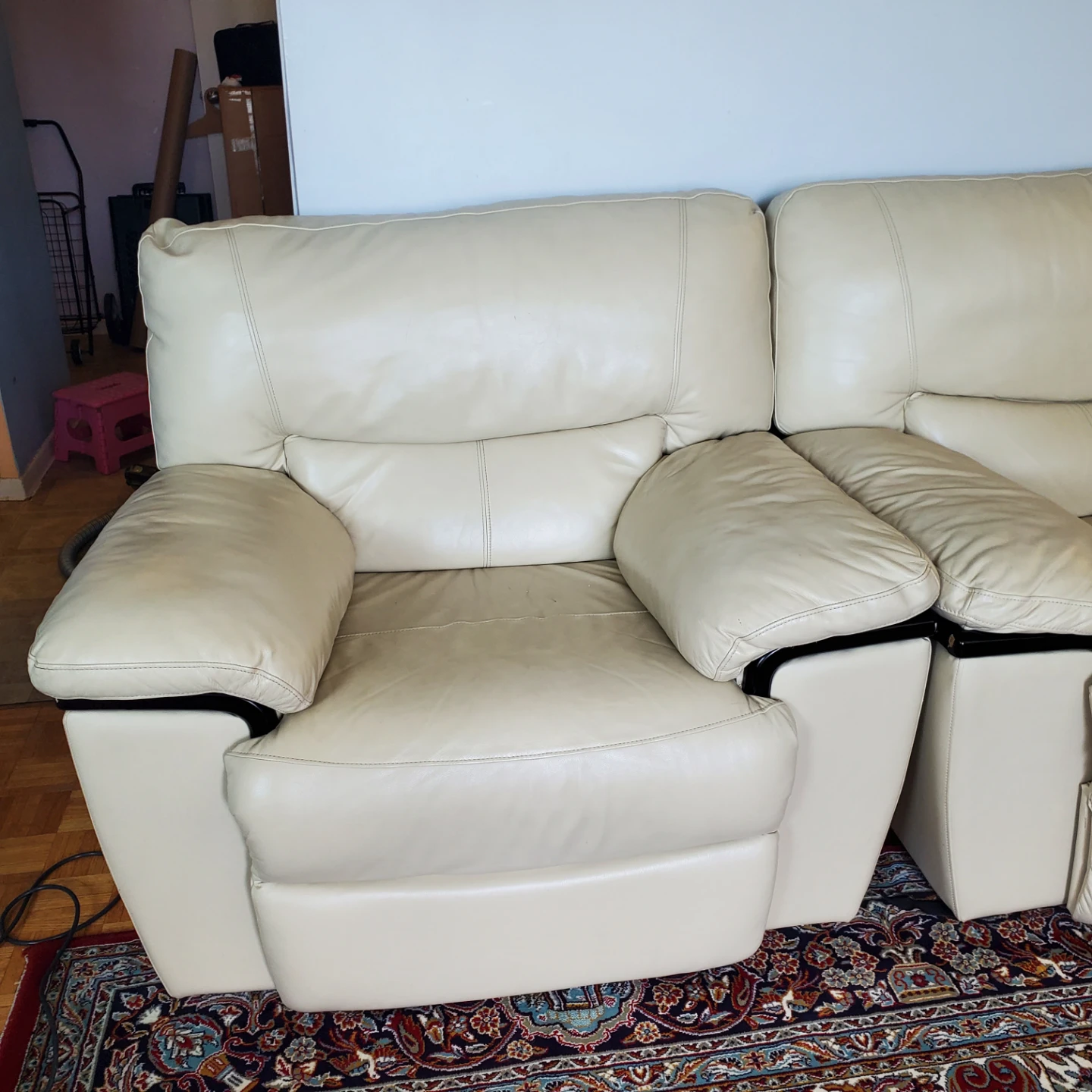 Cream Leather Reclining Sofa with Cup Holders - photo 5