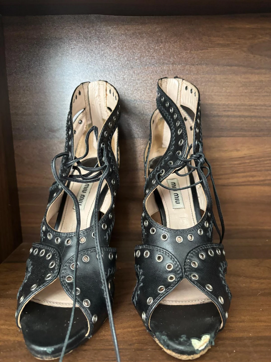 Miu Miu Black Leather Grommet Lace-Up Cage Heels – Size 37.5 - photo 2