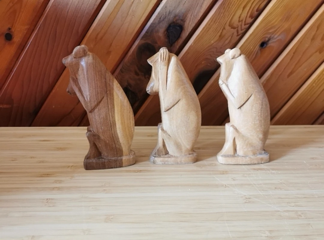 Vintage Hand-Carved Wooden Three Wise Monkeys Figurines - photo 4